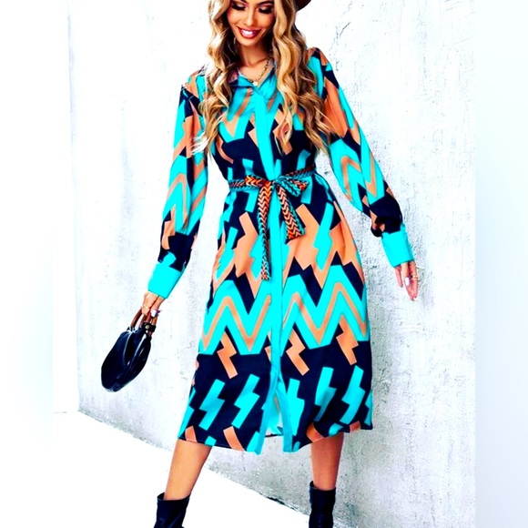 💙 NWT MOD SLINKY RETRO 1960’s STYLE SHIRT MIDI ABSTRACT DRESS LARGE - Picture 1 of 10